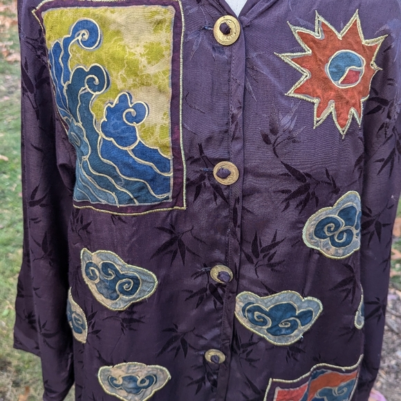 GLOBE TROTTER Small Bali ARTSY Embroidered Tunic Shirt Jacket Plum Gold Rayon - Picture 5 of 8